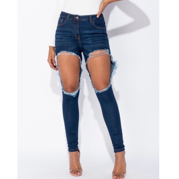 Denim - Blue High Waist Ripped Distressed Skinny Denim Jeans Pants